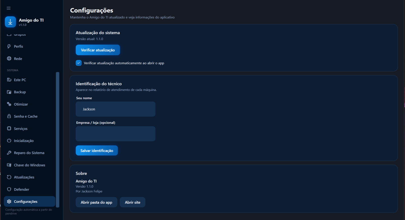 Configurações: atualização automática e identificação do técnico