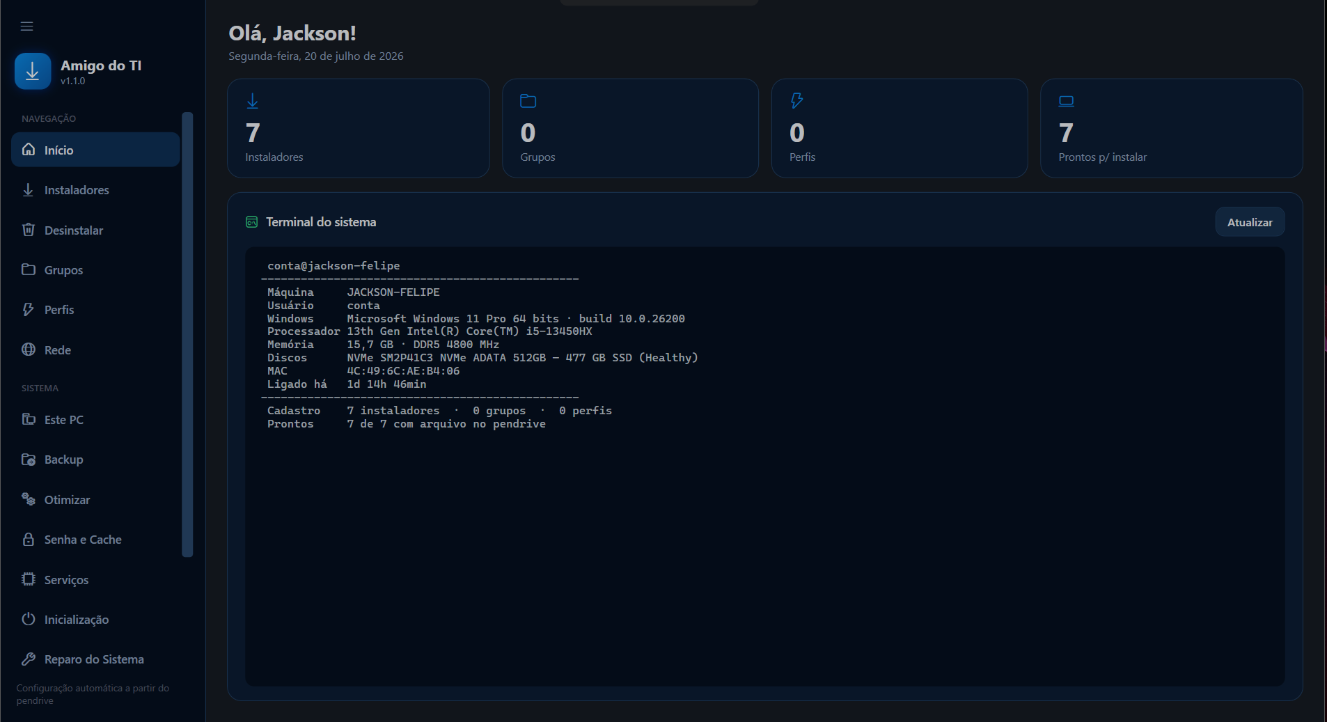 Tela inicial do Amigo do TI com o painel de números e o terminal da máquina