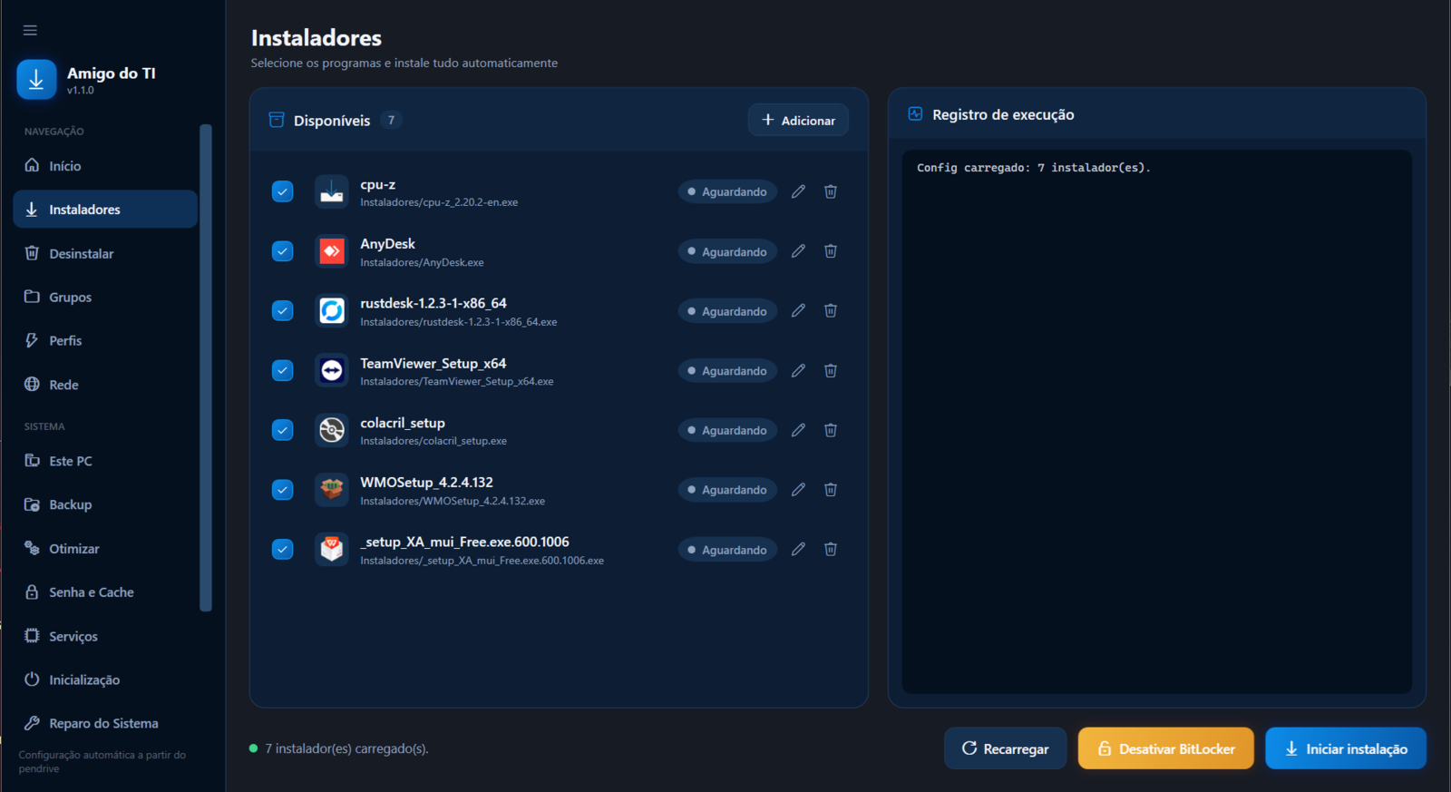 Lista de instaladores com o ícone de cada programa e o registro de execução